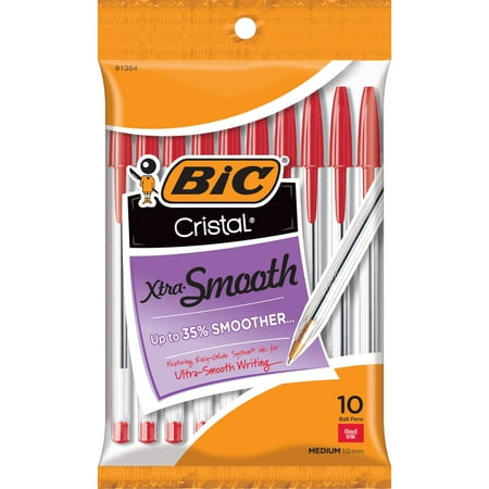 - (4 Pack) BIC Cristal Xtra Smooth Ball Pen, Medium Point (1.0 mm), Red, 10 Count