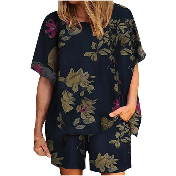 Women Short Pant Set s 2025 Women Casual Summer Round Neck Printed Short Sleeve Tops and Shorts Two Pieces Set Suit