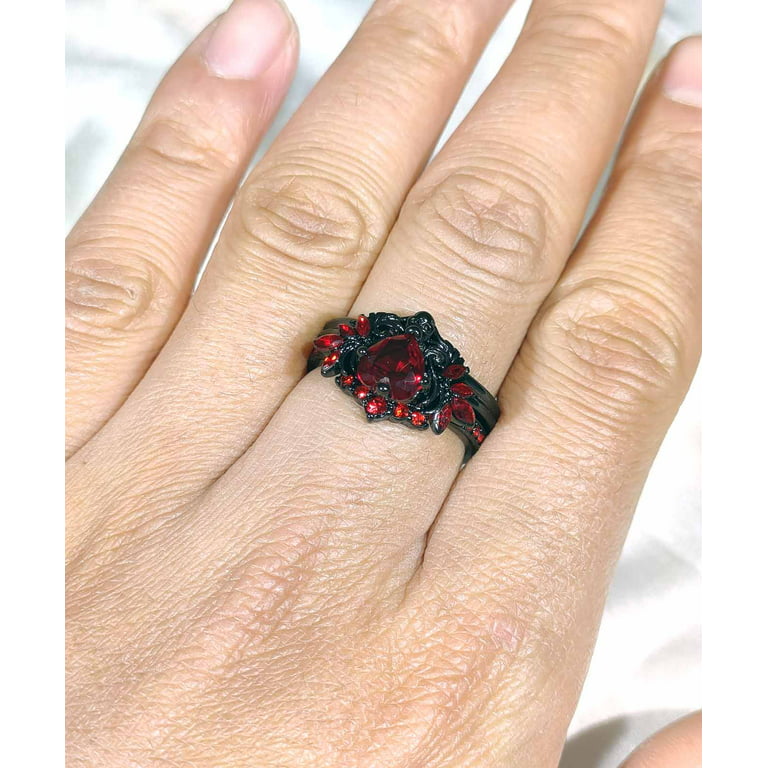 Matching Rings Black Gold Plated Couple Rings Wings 1CT Heart Red CZ  Wedding Ring Sets