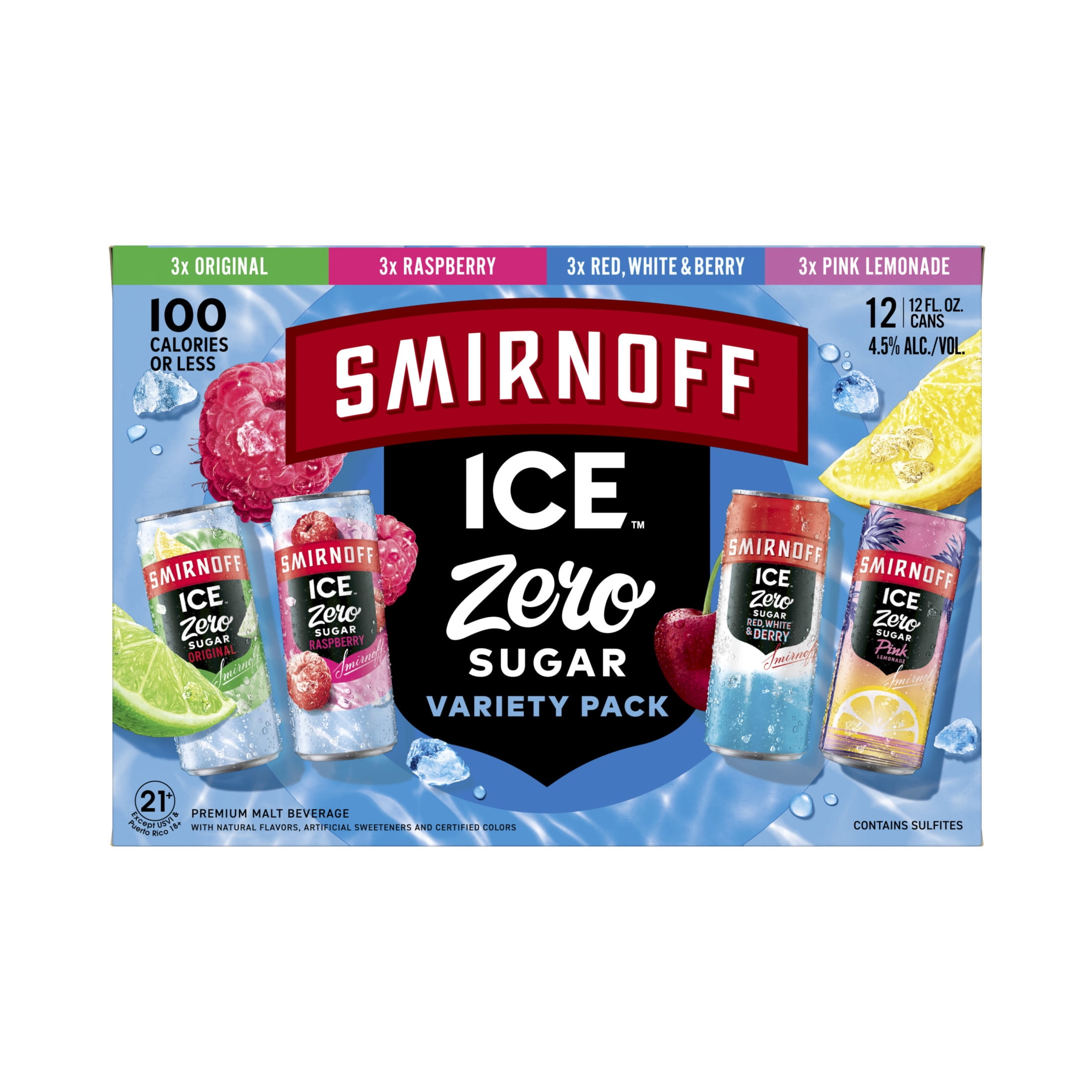 Smirnoff Ice Zero Sugar Variety, 12 Pack Cans, 12 fl oz, 4.5% ABV
