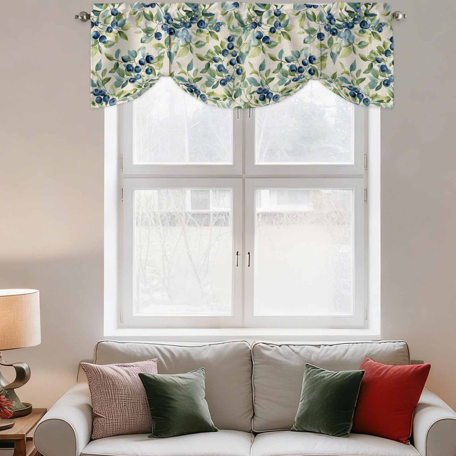 Blue Blueberry Tie Up Valance for Windows, Green Leaf Pastoral Plant Vintage Linen Adjustable Rod Pocket Tie Up Valance Curtains Window Treatment for Kitchen Bathroom Bedroom 60 X 18 Inch