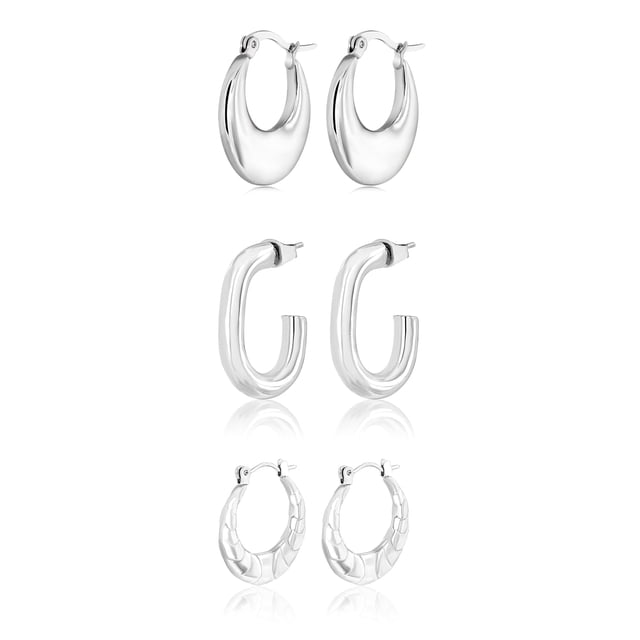 JeenMata Juego de 3 Pares de Pendientes de Moda para Mujer en Baño de Oro Blanco, Pendientes de Aro, Pendientes Hipoalergénicos, Colgantes y Gruesos, Regalo de Joyería para Mujer