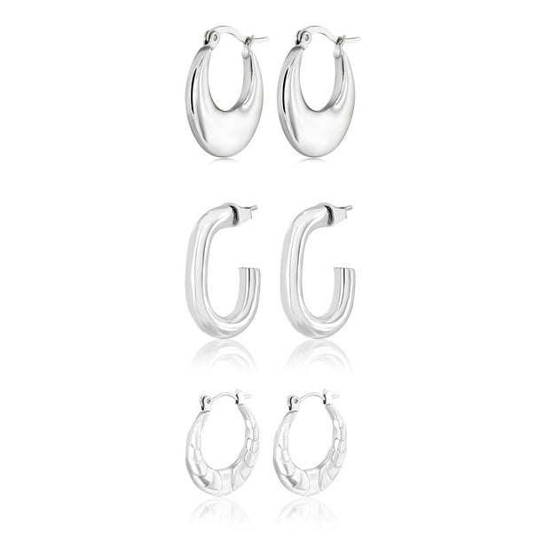 JeenMata Juego de 3 Pares de Pendientes de Moda para Mujer en Baño de Oro Blanco, Pendientes de Aro, Pendientes Hipoalergénicos, Colgantes y Gruesos, Regalo de Joyería para Mujer