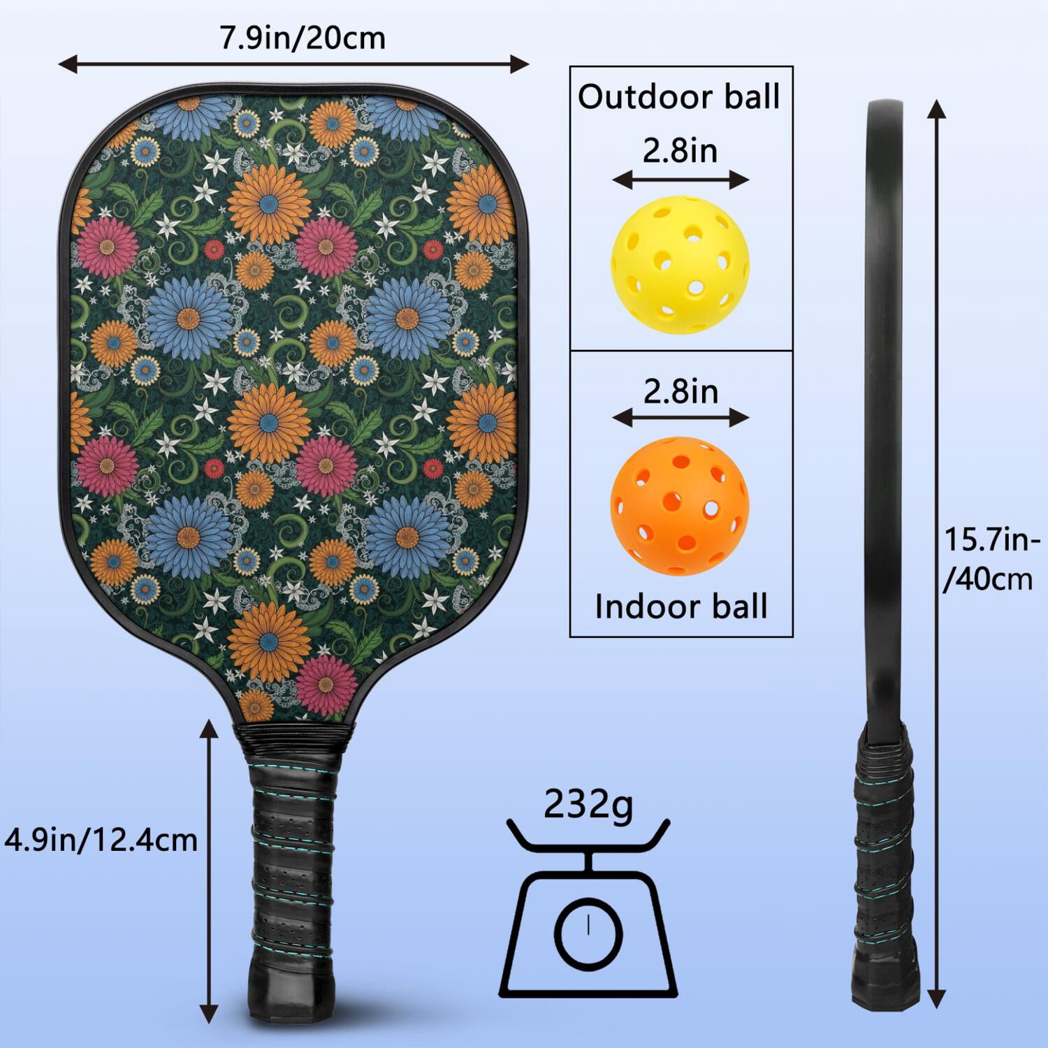 Pickleball Paddles Set,Pioneer Flower Floral Print Pattern Fiberglass Surface Pickleball Racket Set with 2 Indoor Outdoor Pickleball Balls and Pickleball Bag,Pickle-ball Equipment