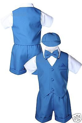 Teal Blue Green Turquoise Boy Toddler Formal 4pc Vest Set Short Suit Baby S-4T 