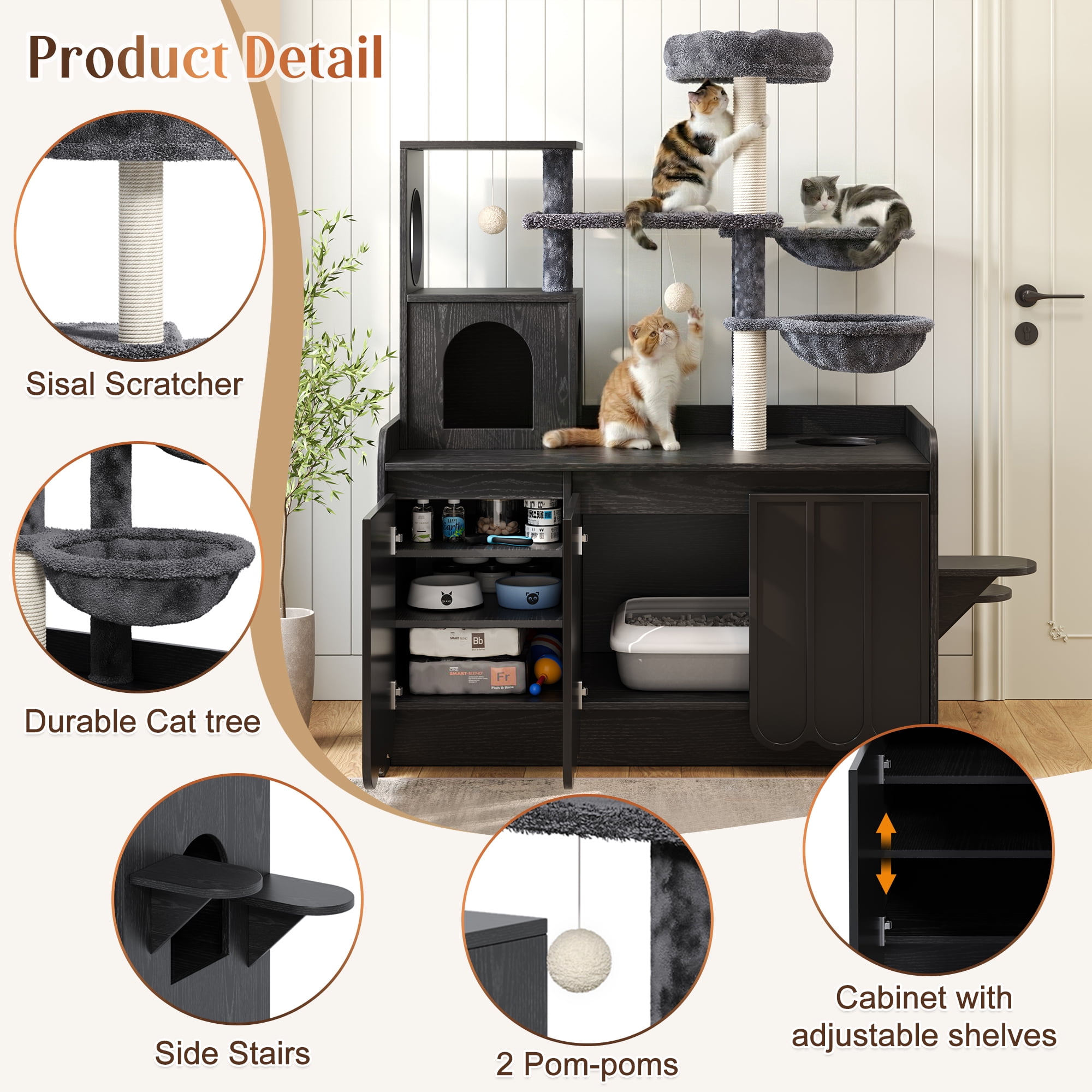 Euroco Cat Tree with Litter Box Enclosure, 59" Tall Modern Cat Tower with Sisal Scratching Post,Hammock,House,Perch & Storage Space,All-in-One Cat Condo,Hidden Cat Furniture,Black