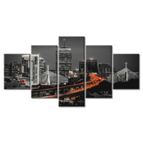 TISHIRON 5PCS Framed Canvas Wall Art Set,60"x32" Boston Night Panoramic Cityscape Canvas Art Decor