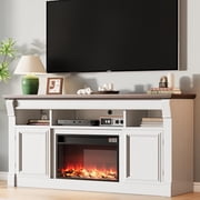58in Farmhouse Fireplace TV Stand with Open Storage Cabinets Media Console for TVs Up to 75in White with Adjustable 3D Electric Fireplace