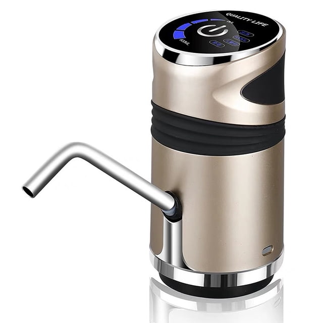 Bomba eléctrica para garrafón de agua con pantalla táctil, diseño compacto y acabado dorado champán, ideal para purificadores y dispensadores de agua.