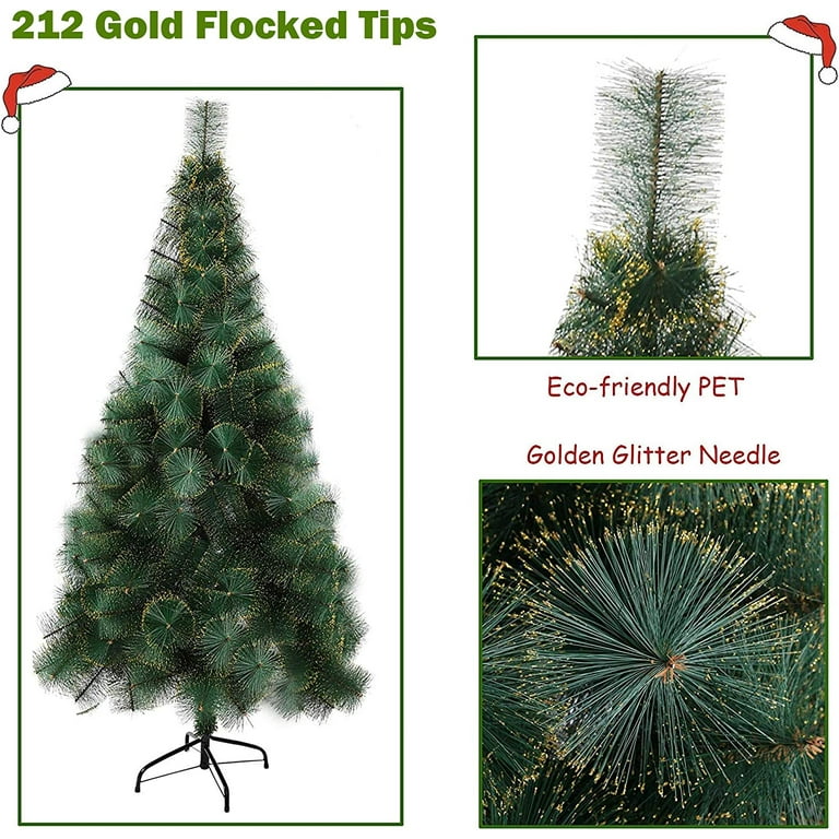 KARMAS PRODUCT 6 ft Artificial Christmas Tree Needle 212 Tips PET Branches  with Gold Glitter, Metal Tree Stand and Xmas Decorations