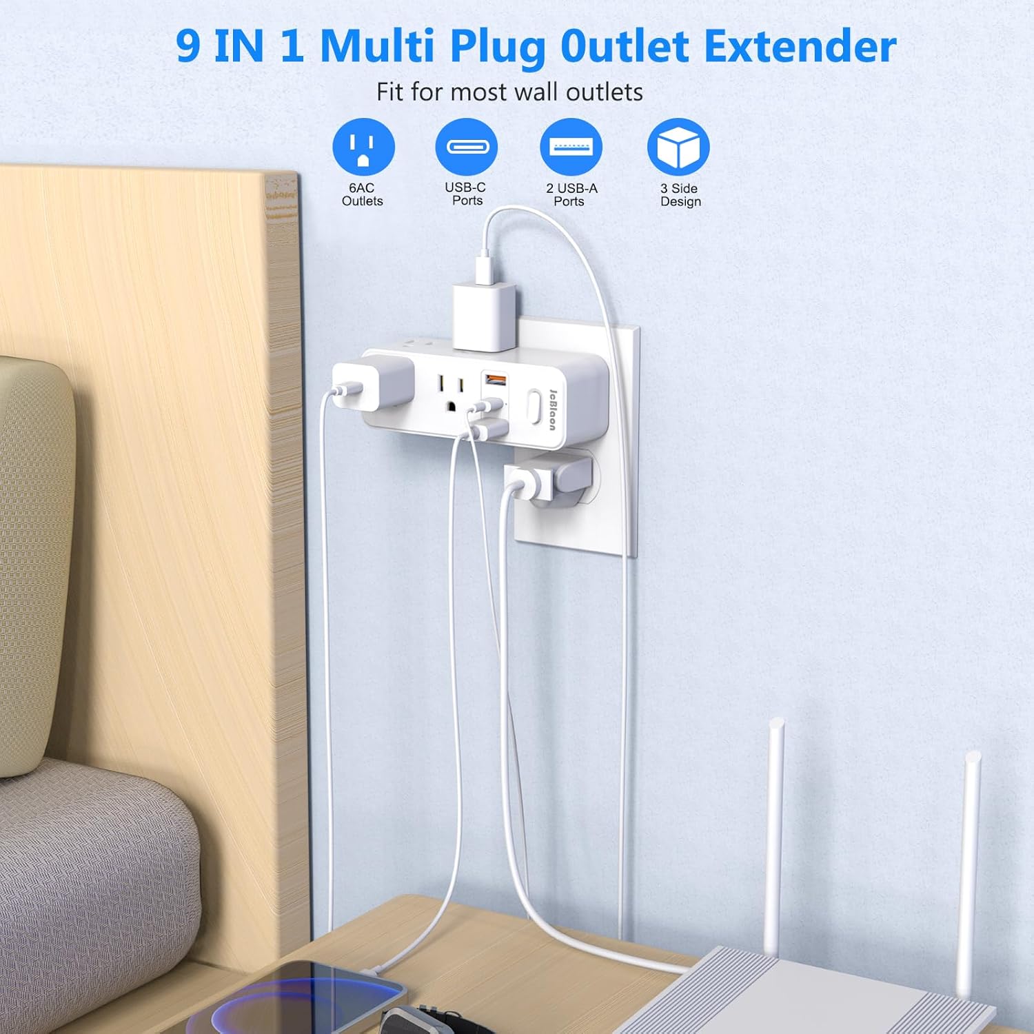 JcBlaon Power Strip Surge Protector Adapter, 6 AC Outlets 3 USB Ports Outlet Extender, White