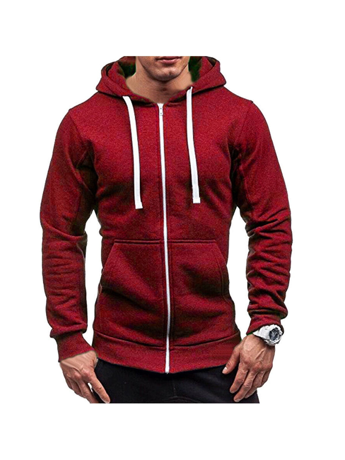 Mens Solid Zip Up Hoodie Classic Winter Hooded Sweatshirt Jacket Coat ...