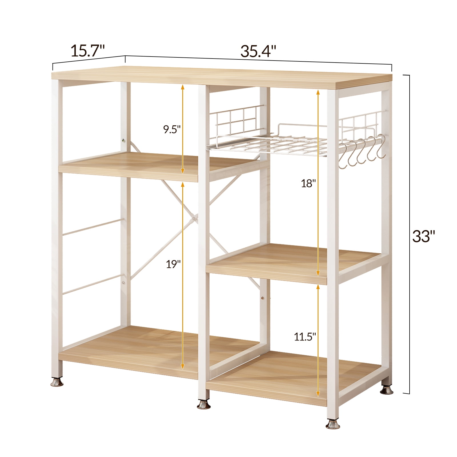 4-Layer Microwave Oven Rack with Pull-Out Basket, X-Shaped Back Bracket, Floor-Standing Kitchen Storage Shelf, White Oak, 35.4 x 15.7 x 33 in