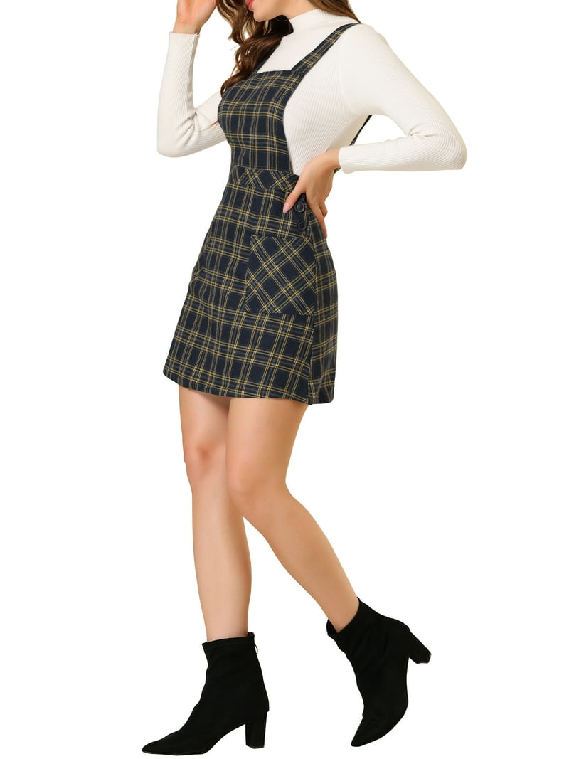 blue plaid overall dress Inspire Chic Women's Button Decor A-Line Pinafore M Navy Blue, Size: Medium, Red everyday look