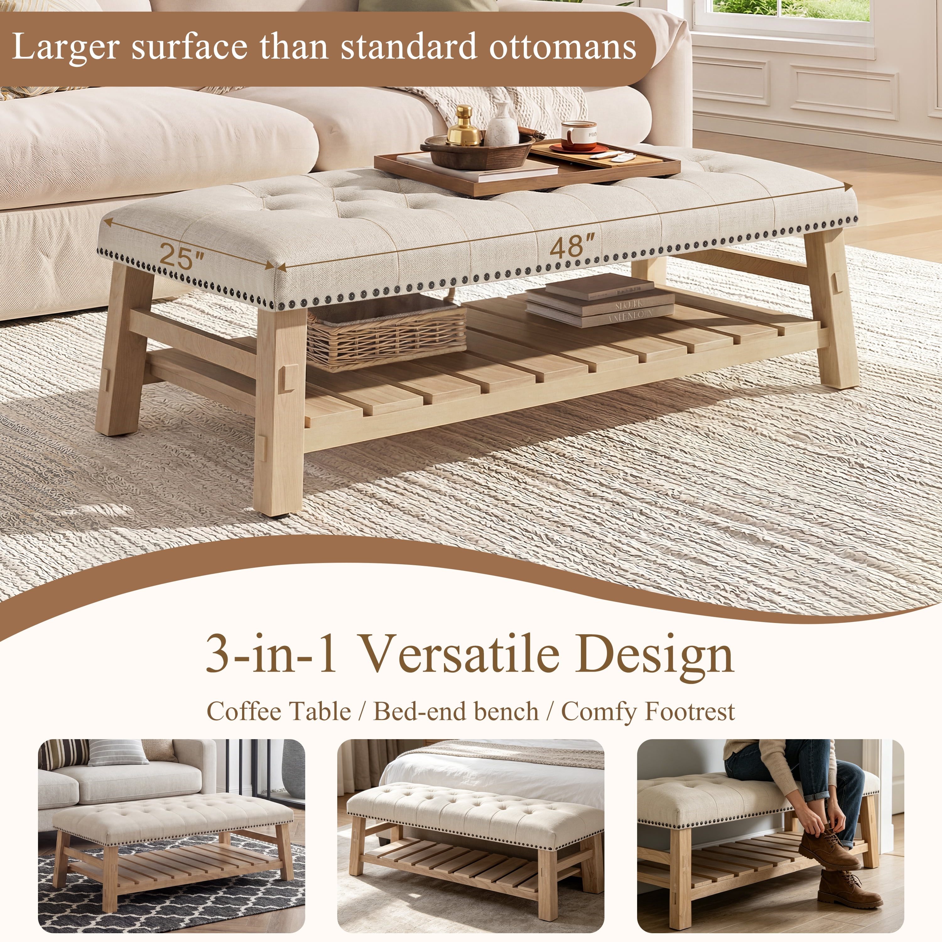 Euroco Large Rectangle Ottoman Coffee Table,Tufted Upholstered Footrest Ottoman with Shelf Storage,Nailhead Trim & Solid Wood Legs for Bedroom Living Room,Beige