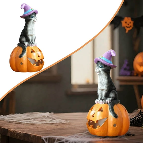 Clearance Desktop Ornament under $5,Halloween On Pumpkin Figurines Halloween Decorations Indoor Resin Cat With Witch Hat Home Decor Statue For Home Table Room