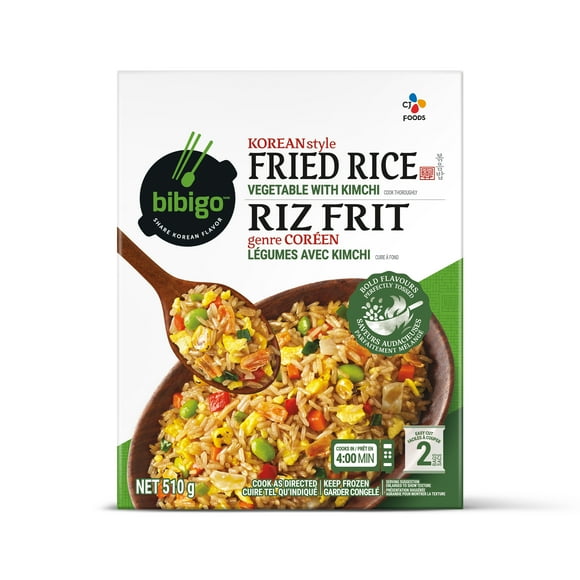 Bibigo Korean Style Fried Rice Vegetable with Kimchi, Bibigo Korean Style Fried Rice, Vegetable and Kimchi. 510g, contains 2 easy cut bags