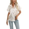 thumbnail image 4 of Fangasis Women Satin Silk Shirt Short Sleeve Shirts Lapel Neck Tops Ladies Loose Blouse Elegant Work Champagne 2XL, 4 of 6