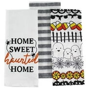 Halloween Kitchen Towel Set: Fun Home Sweet Haunted Home Ghosts Bats Spider Web Candy, Grey and White Striped Towel