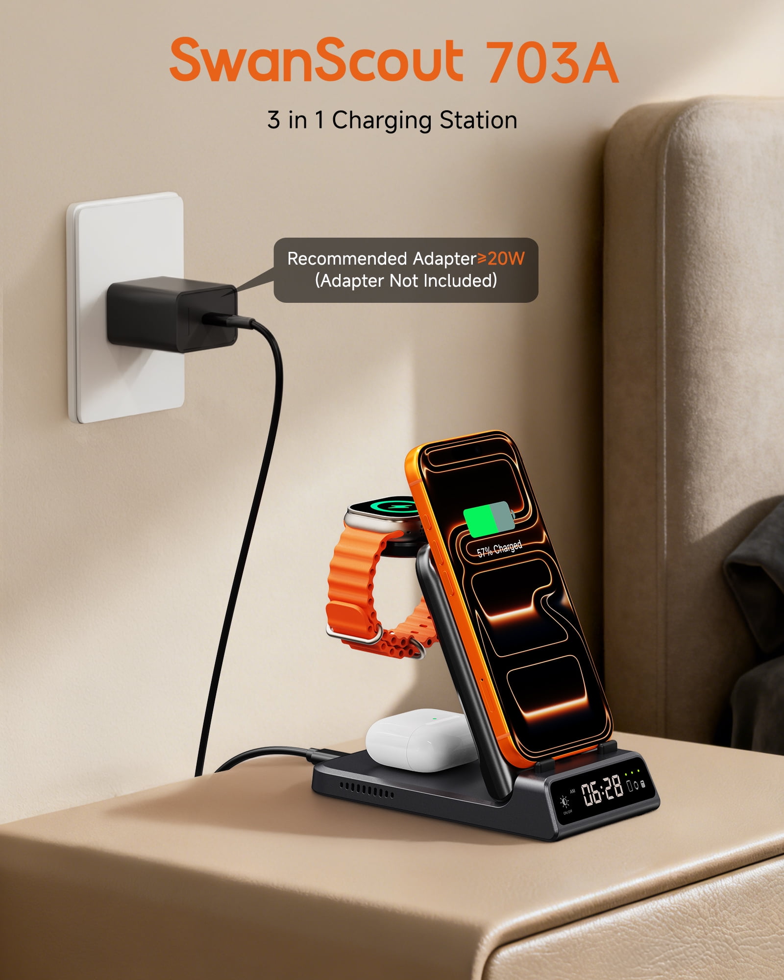Charging Station for iPhone, SwanScout 703A, Wireless Charger for iPhone 17/Air/16/15/14/13/12/11 Series, for Apple Watch 10/Ultra 2/9/8/7/6/5/SE 2, for Airpods Pro 3/2, Foldable and Portable