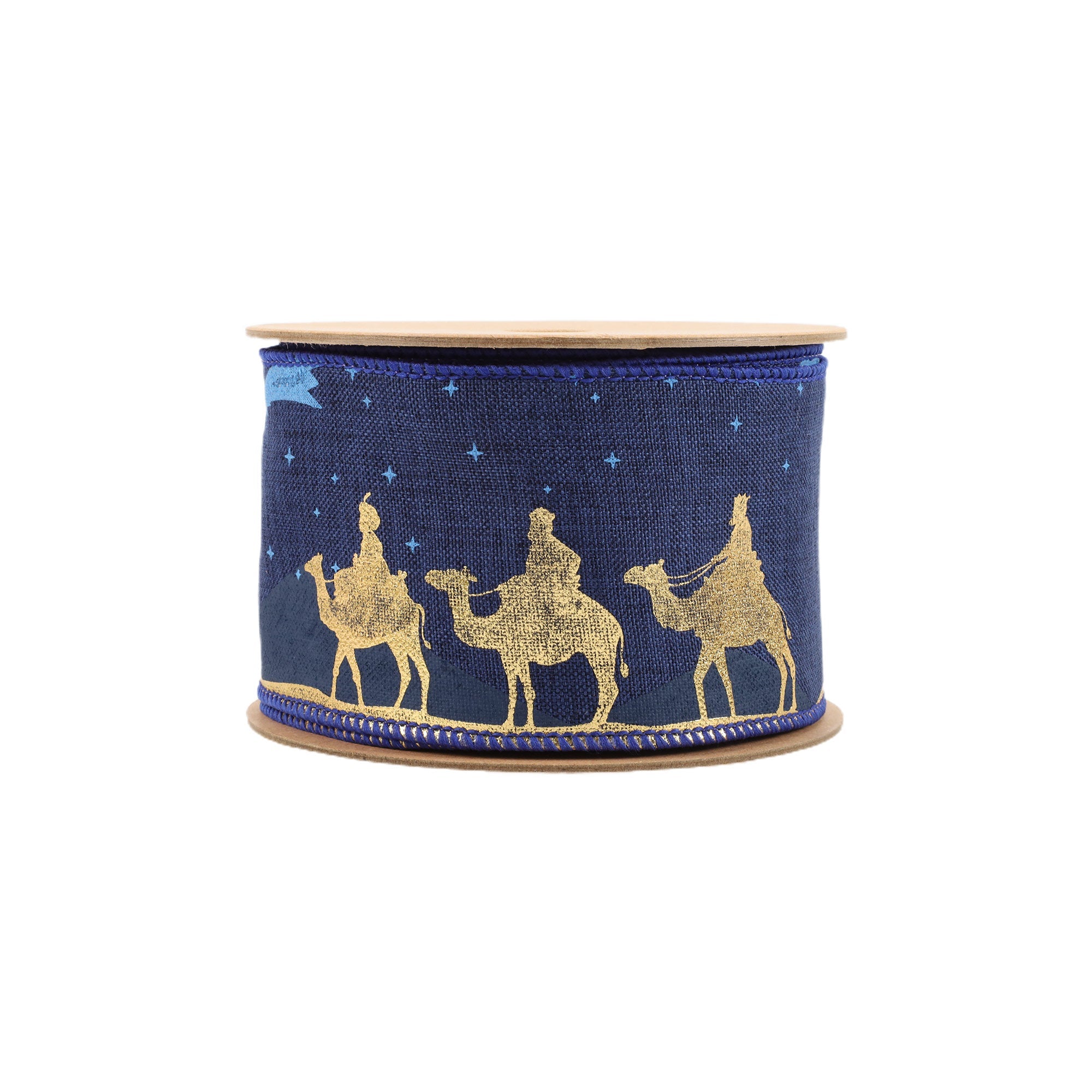 LaRibbons 2 1/2" Faux Linen Wired Ribbon, Blue w/ Gold Print Three Wise Men, 10 Yard Roll