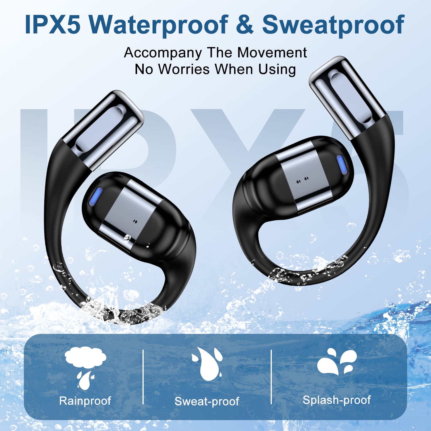 Wireless Earbuds,Bluetooth 5.3 Headphones for iPhone Android 60Hrs Playtime Waterproof IPX5 Open-Ear Stereo Earphones Headset Noise Cancelling True Wireless Earbuds with Ear Hooks&Charging Case,Black