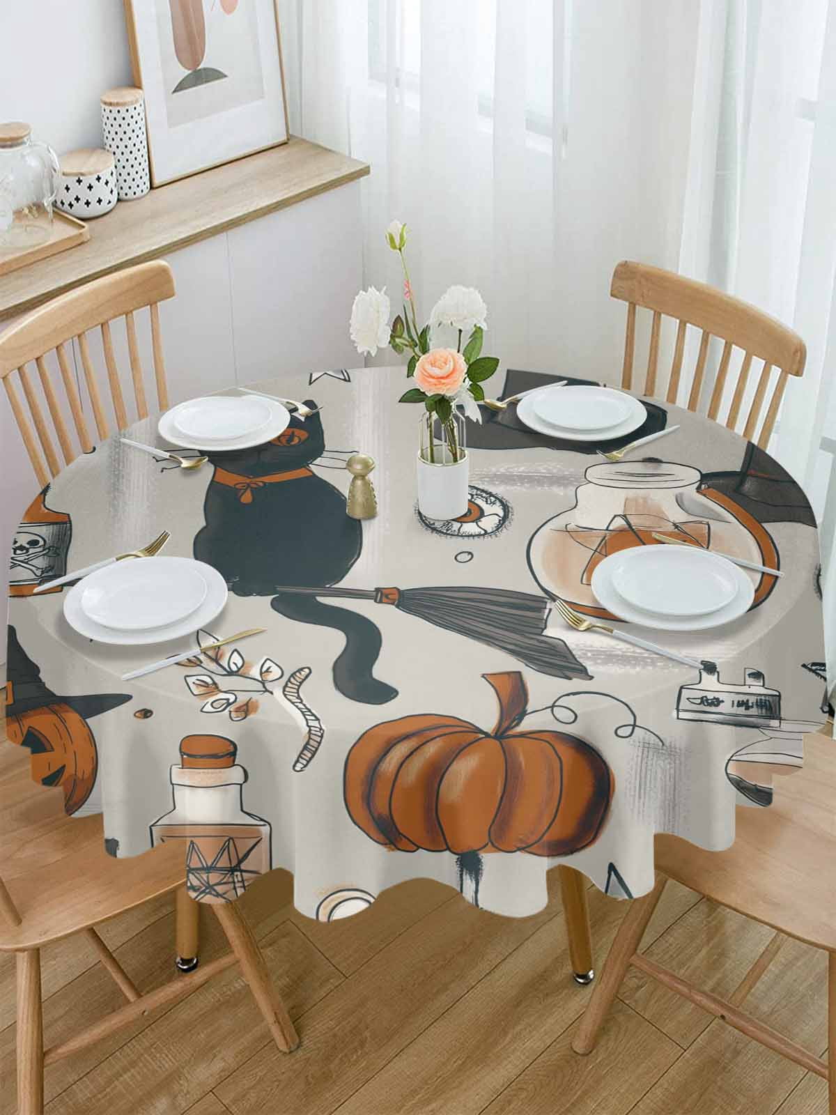 Round Tablecloth Vintage Halloween Pattern Waterproof Oil Proof Polyester Table Cloth Cover Decor for Home Dining Outdoor,Patio,Parties, 54" Dia. Pumpkin Witch Hat Black Cat