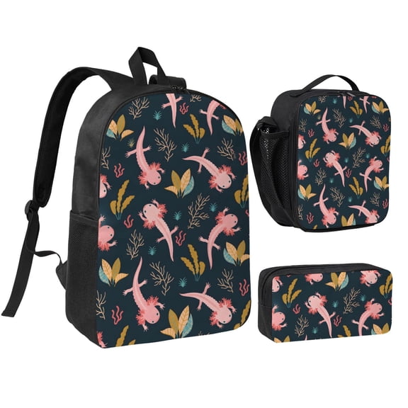 Cute Axolotl Backpack Set 3pc Including Backpack, Lunch Bag and Pen Bag Combination