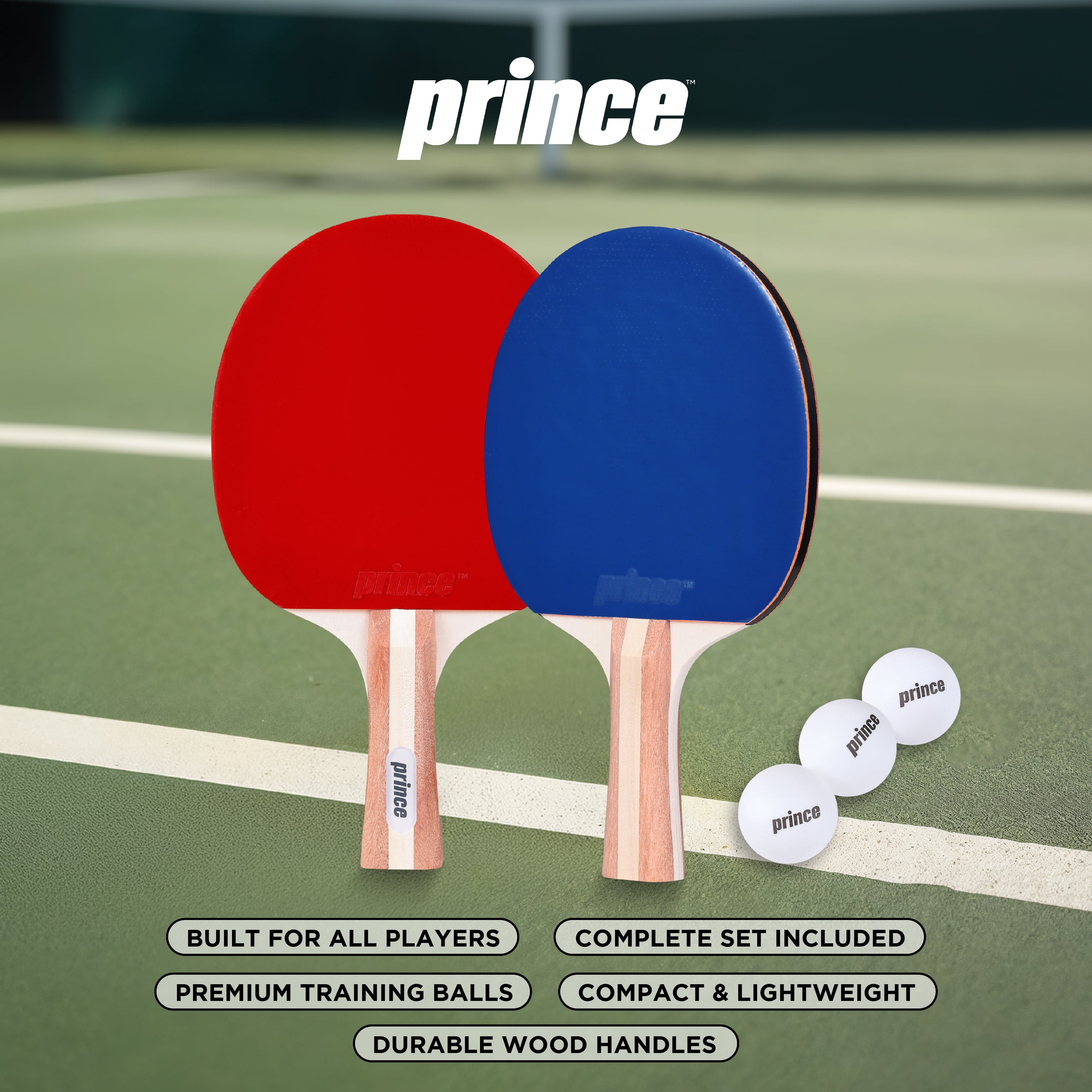 Prince Ping Pong 2 Player Set, Table Tennis Paddle & Ball Kit with 2 Paddles, 3 Balls, Wooden Handles, Rubber Paddle Surface & Portable Zipper Case for Practice, Family Games & Recreational Play