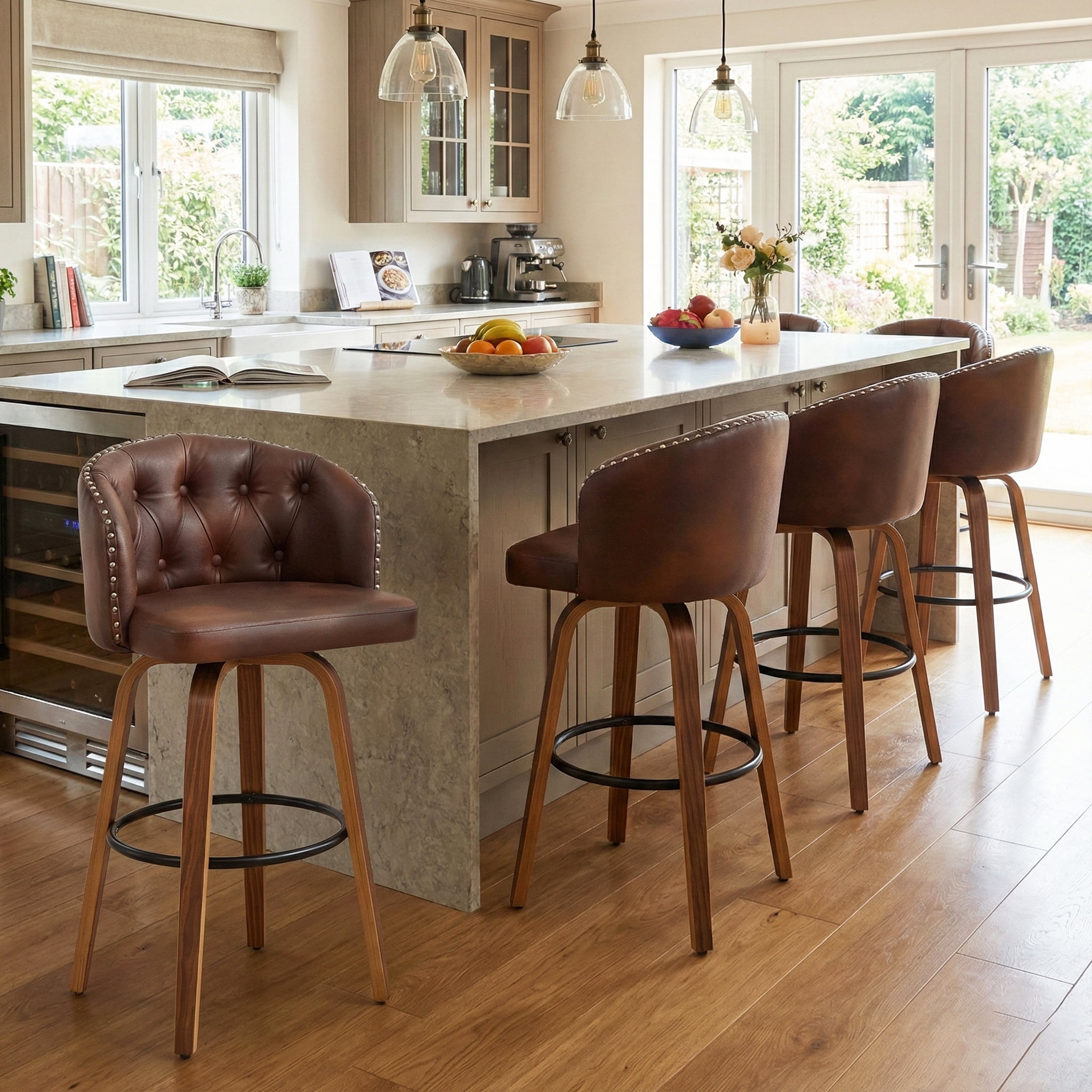 Fahomiss 28" Swivel Bar Stools with Back Set of 4, Leather Farmhouse Bar Height Stools, Brown