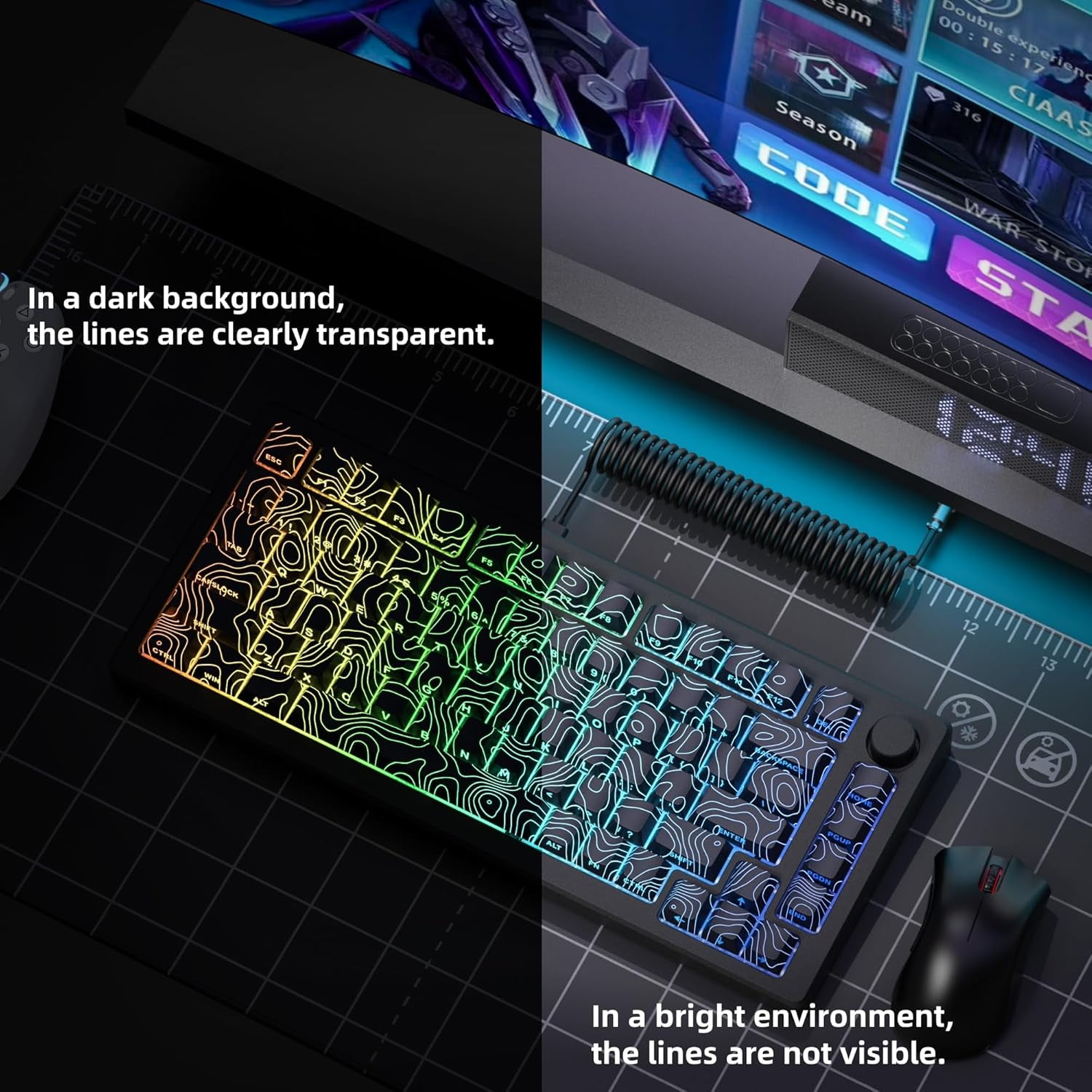 Double Shot PBT Keyboard keycaps Set,Black Topographic,Shine Through Custom keycap,Side Printed keycaps dye sub,Cherry Profile keycap for TKL US Layout Mechanical Keyboard(134keys)