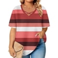 thumbnail image 1 of Blouse à Rayures Grande Taille Col en V Croisé devant - Manches Courtes Coupe Ample Décontractée Habillée Surdimensionnée, Rouge, 3x-Grand, 1 of 6