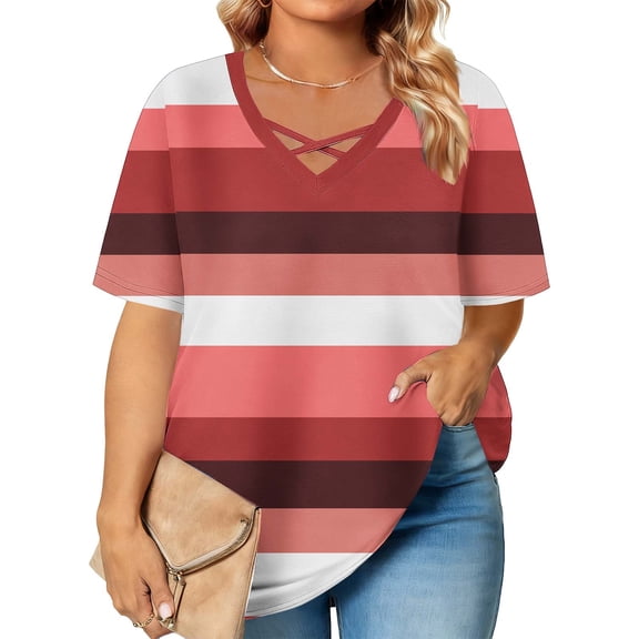 Htigea Plus Size Summer T Shirts for Women Crisscross V-Neck Tops Striped Short Sleeve T-Shirts Casual Loose Fit Daily Tunics Tees Red XL