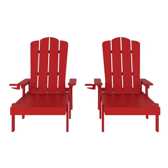 Emma Oliver Set of 2 Red Recycled HDPE Adjustable Adirondack Loungers with Fold Out Cupholders for Indoor/Outdoor Use