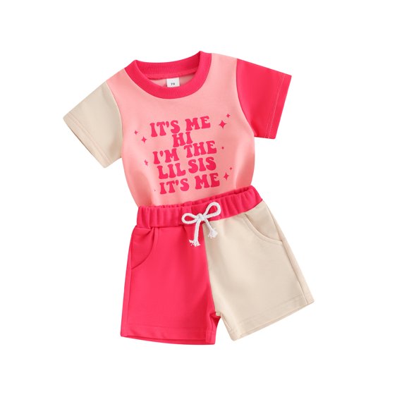 EYIIYE Brother and Sister Matching Set 0-3Y Toddler Baby Letter Print Shirt Short Sleeve T-Shirt Crew Neck Tops with Contrast Color Shorts Sibling Outfits Infant Newborn Loose Casual Outfit for Summer