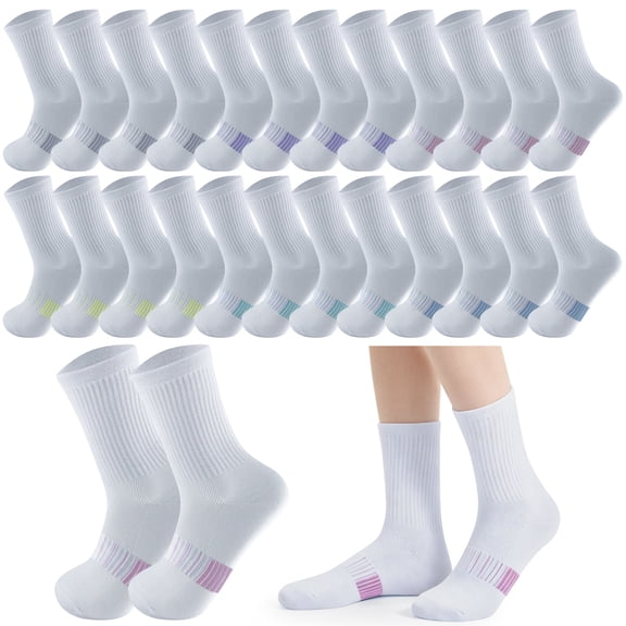 Sophproton 12-Pack Women's White Crew Socks, Performance Athletic Socks with 6 Multi-Color Arch Support Bands