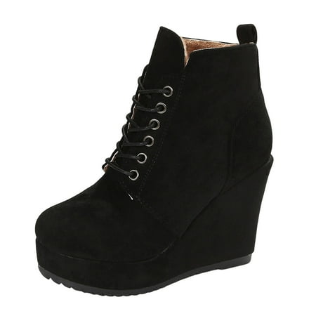 

PMUYBHF Ladies Fashion Winter Plush Solid Suede Lace up Wedge Heel Thick Sole Short Boots 40.98