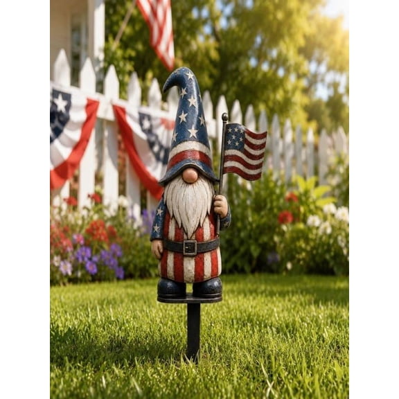 Yardvibe 4th of July Outdoor Vintage Decor, 11.8" Patriotic Retro Metal Yard Sign Star Red White Blue Garden Stake, USA Flag American Yard Sign for Memorial Day Independence Day (Gnome)