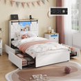 thumbnail image 3 of Aunfebrco Twin Size Bed Frame with Storage Drawers&Headboard, Farmhouse Platform Beds with Charging Station and LED Lights, Noise-Free/No Box Spring Needed, White, 3 of 7