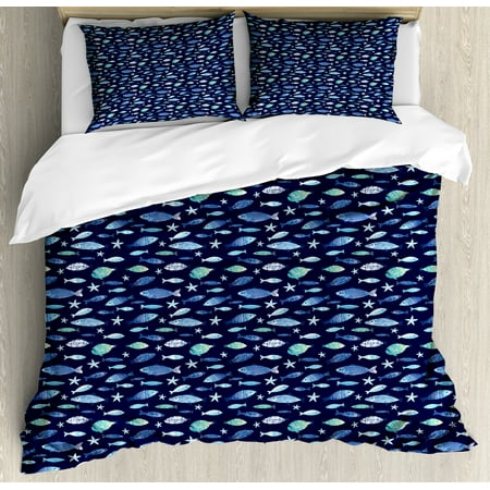 Dark Blue Bedding Fishes Duvet Cover Set, Silhouettes of Aquarium Animals in Watercolor Effect Marine Life Illustration, Decorative Bedding Set with Pillow Shams, Navy Blue Seafoam, by Ambesonne ()