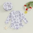 thumbnail image 2 of Bagilaanoe Toddler Baby Girl One-Piece Swimsuit Flower Print Long Sleeve Zipper Rashguard Swimwear + Swimming Cap 6M 9M 12M 18M 24M 3T Kids Ruffle Bathing Suit, 2 of 8