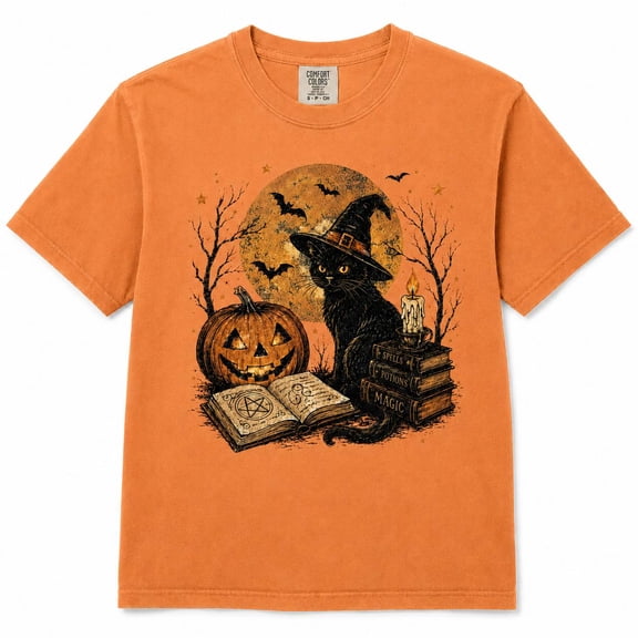 Halloween Black Cat Graphic T-Shirt, Witch Hat Pumpkin Moon Design Tee, Vintage Spooky Fall Short Sleeve Shirt