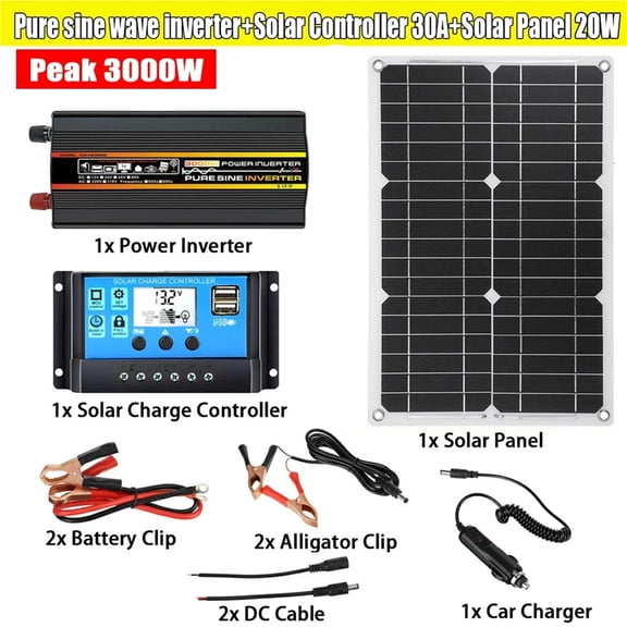 Système de Nérator Solaire Kit d'Onduleur à Onde Sinusoïdale Pure 12V 220 8000/6000/4000/3000W Panneau Solaire avec Contrôleur 30A, Multi-Usage