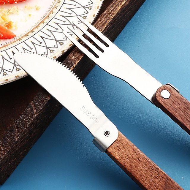 Juego de cuchillo, tenedor y cuchara de acero inoxidable 304, portátil, plegable y almacenable, con mango de madera.