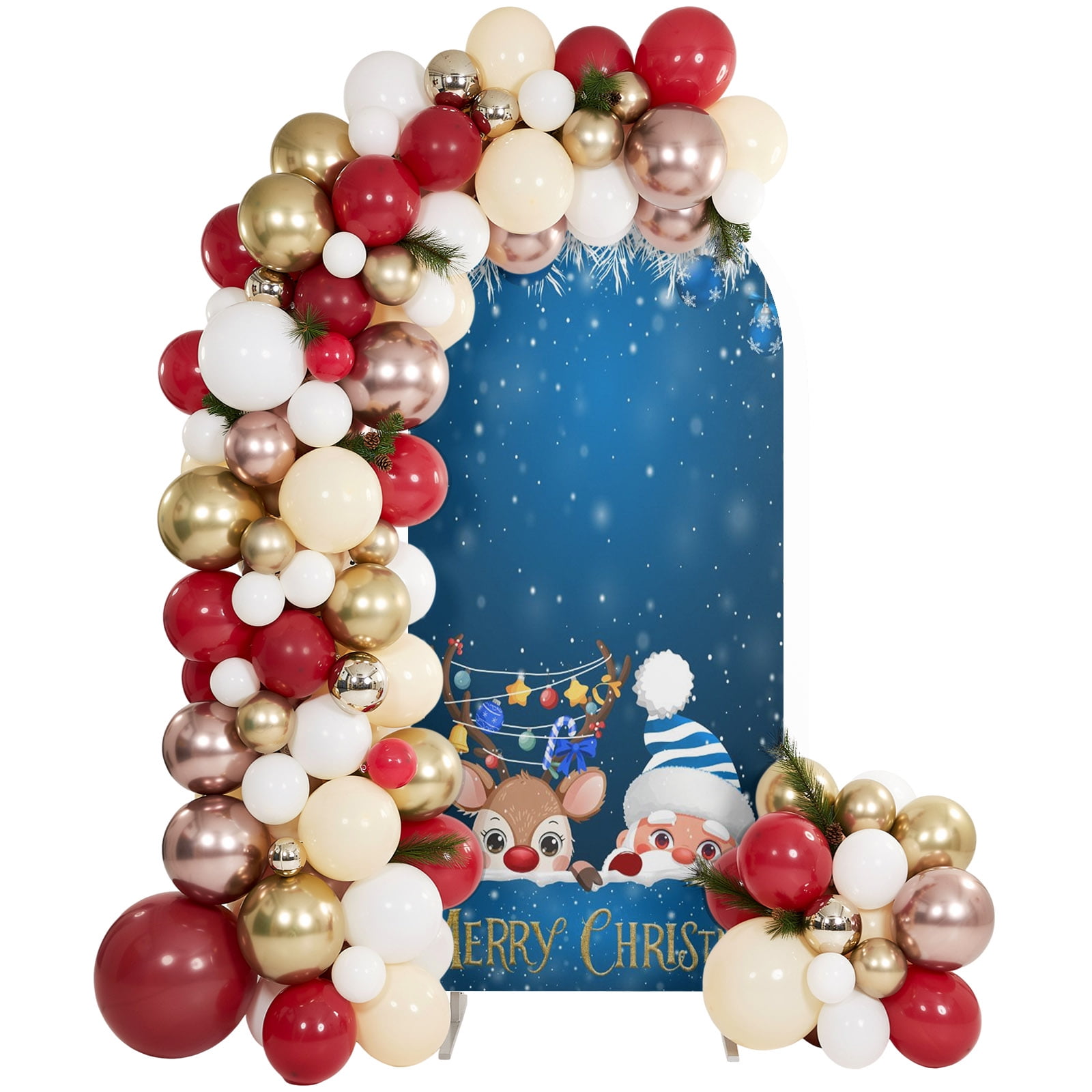 7.2ft Arch Backdrop Cover Merry Christmas Words on Blue Arch Stand Cover Spandex Fitted Backdrop Covers Santa Claus Deer Wedding Birthday Bridal Shower Party Background Decoration