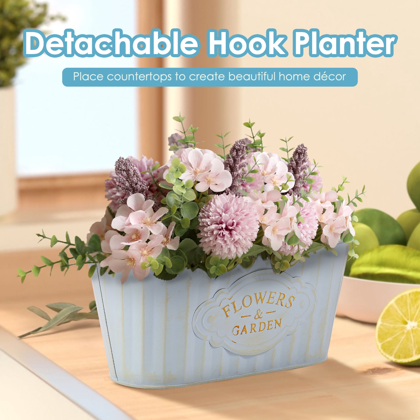 Keyohome 3Pcs Hanging Flower Pots,Metal Wall Planter,Iron Bucket Planter with Detachable Hooks for Indoor Outdoor,Drainage,Rustproof,Blue,10.6"