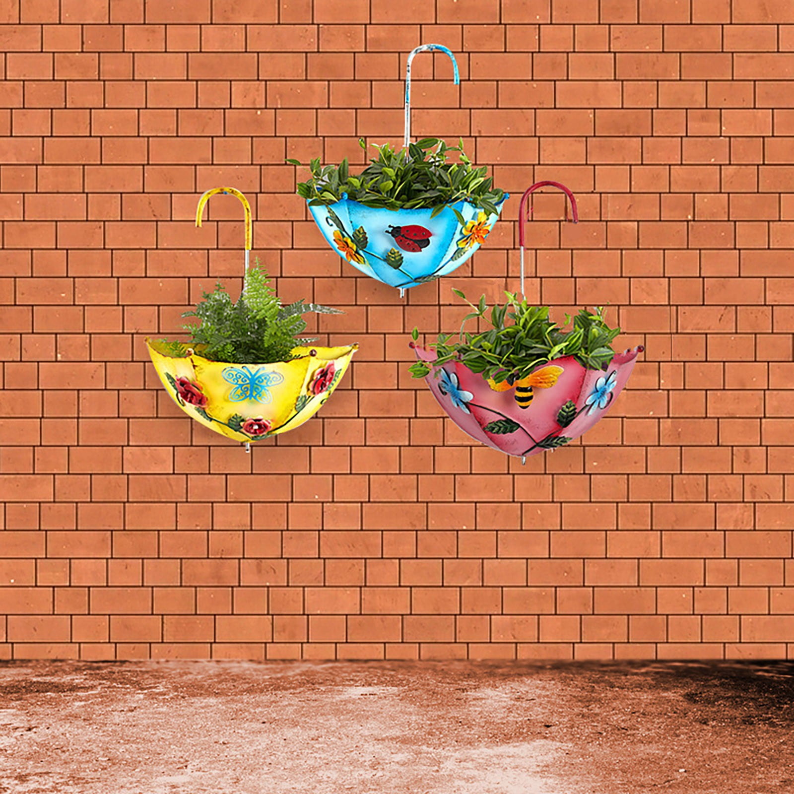 (Clearance) BNNG Vintage Metal Umbrella Hanging Wall Planter Flower Holder Indoor or Outdoor Garden Succulent Wall Planter Set Retro Yard Balcony Decor, Colorful