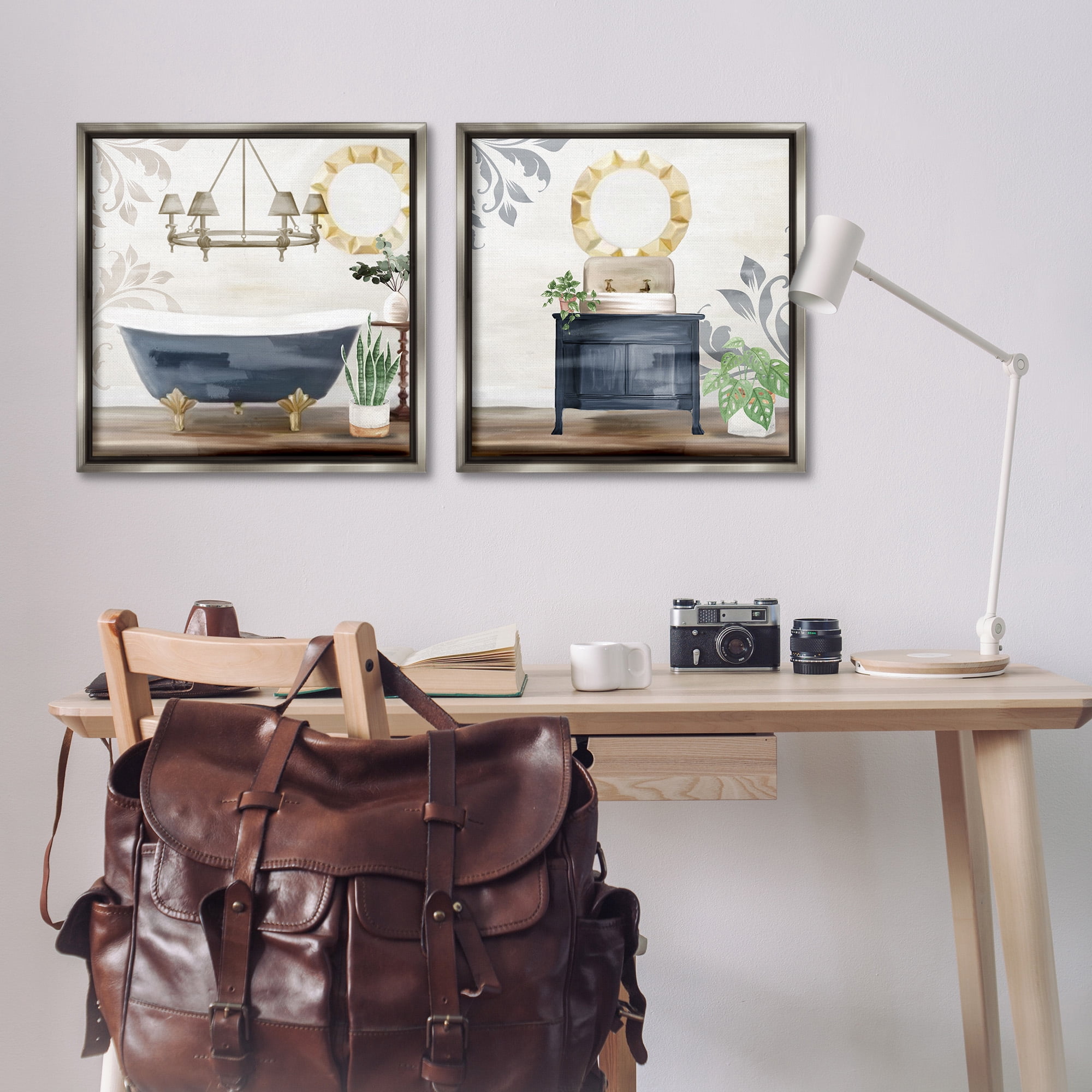 Stupell Industries Chic Bathroom Interior Still Life Abstract Painting Gray Floater Framed Canvas Art Print Wall Art, 25 x 25, Set of 2