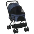 thumbnail image 1 of PawHut 4 Roues Poussette pour Animaux de Compagnie avec Poignée Réversible, Chariot de Voyage pour Chien Chat Pliable avec Frein de Roue EVA, Auvent à 3 Étages, Porte de Fenêtre en Maille, Bleu Foncé, 1 of 10