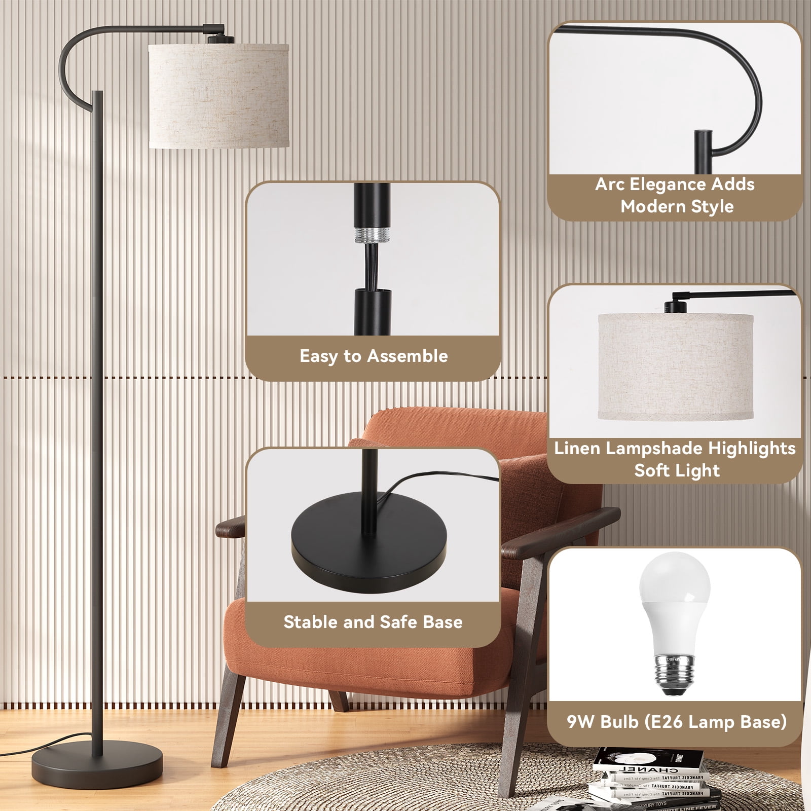 SUNMORY 63" Arc Floor Lamp for Living Room, Dimming Standing Lamp with Linen Shade, Tall lamp with 3 Color Temperature LED, Metal Modern Floor Lamps for Bedroom, Office, Bulb Included, Black